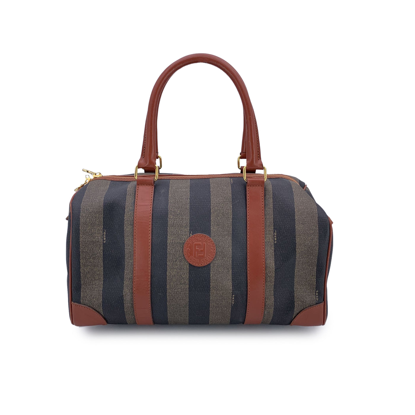 Fendi Vintage Pequin Striped Canvas Brown Leather Boston Bag
