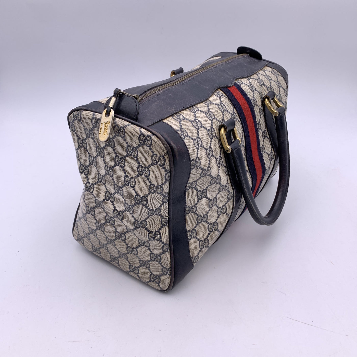 Gucci Vintage Blue Canvas and Leather Monogram Web Boston Bag