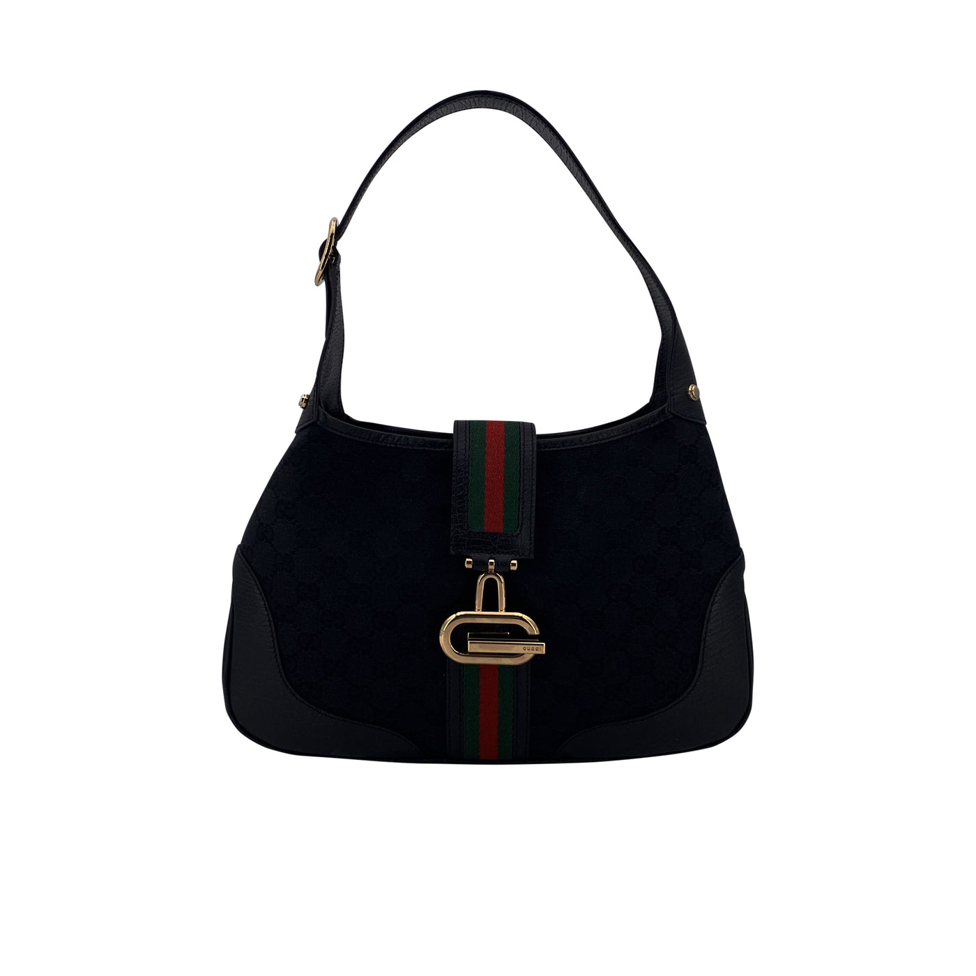 Gucci Black Monogram Canvas Leather Web Hobo Shoulder Bag