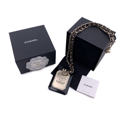 Chanel Gold Metal and Black Card Holder Chain Necklace with Crystals