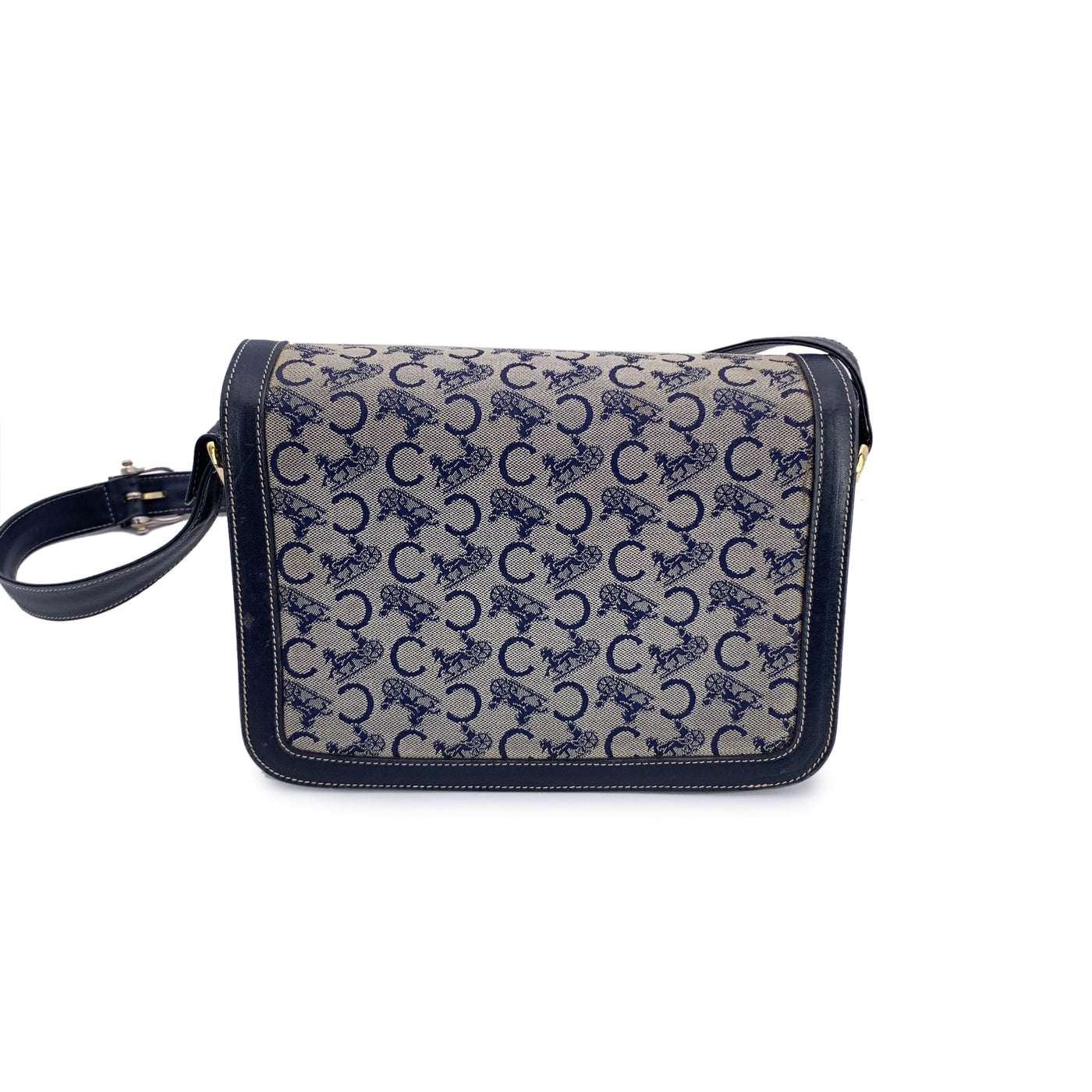 Celine Vintage Blue Grey C Carriage Canvas Box Flap Shoulder Bag