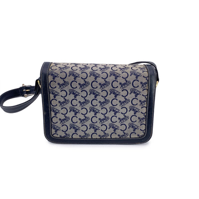 Celine Vintage Blue Grey C Carriage Canvas Box Flap Shoulder Bag