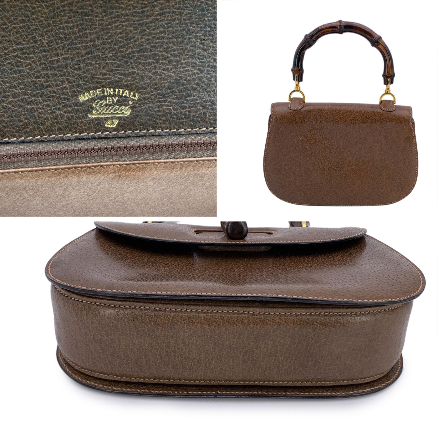 Gucci Rare Vintage Brown Leather Bamboo Top Handle Bag Handbag
