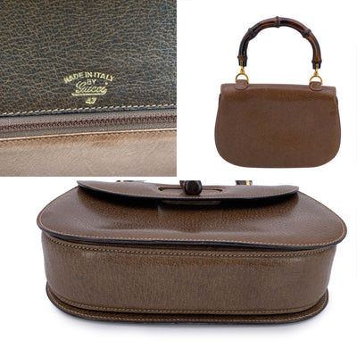 Gucci Rare Vintage Brown Leather Bamboo Top Handle Bag Handbag