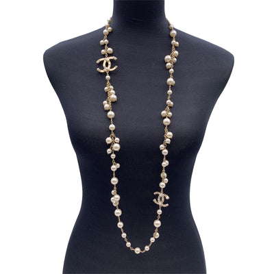 Chanel Light Gold Metal CC Logo Chain Long Necklace Pearls Beads
