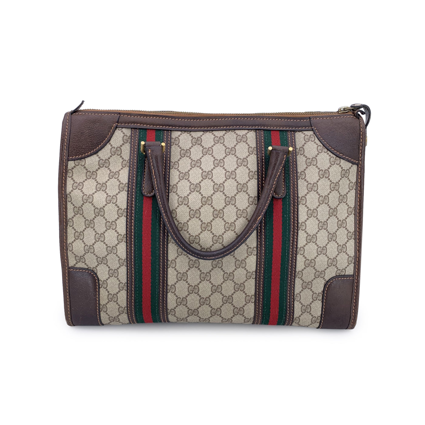 Gucci Vintage Brown Monogram Canvas Satchel Bag with Stripes