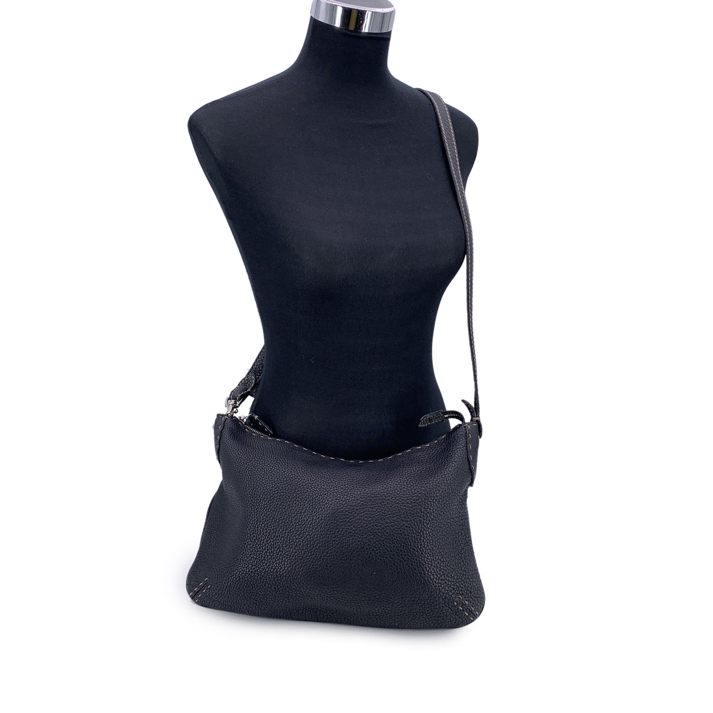 Fendi Selleria Black Leather Unisex Messenger Crossbody Bag