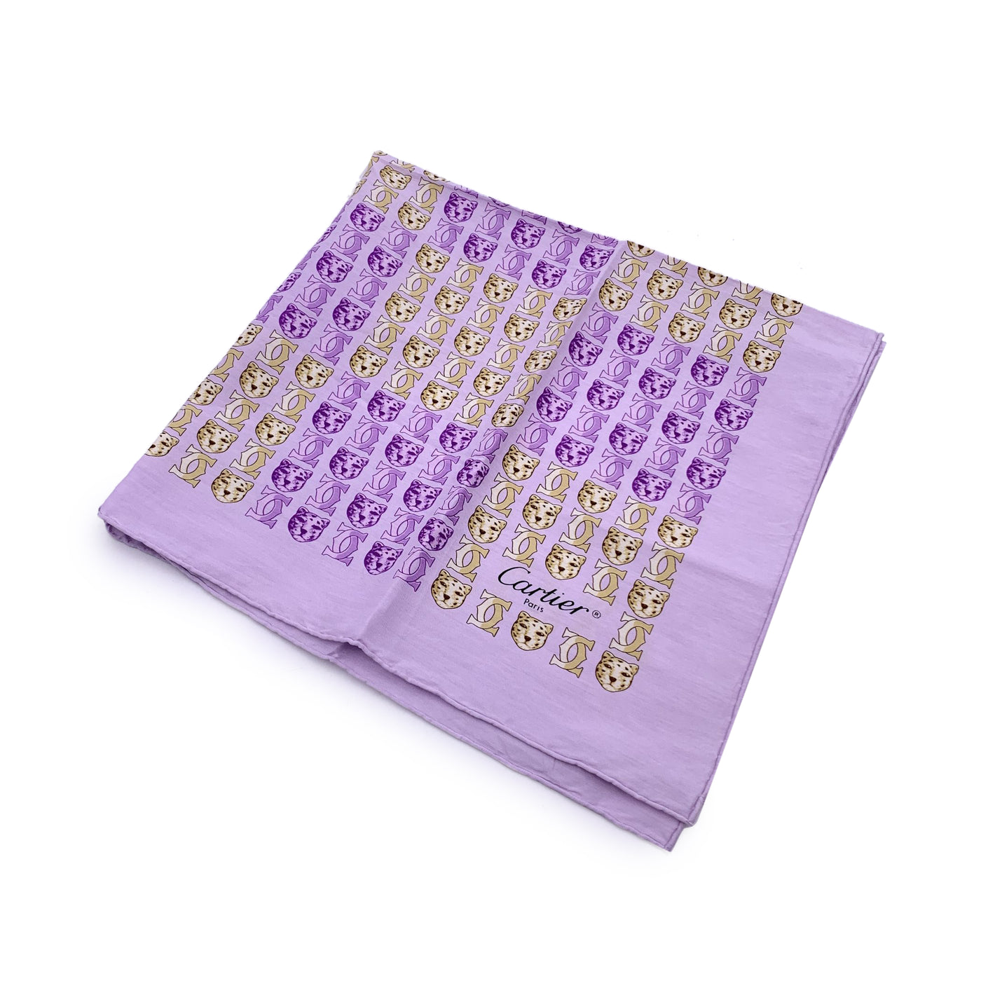 Cartier Vintage Lilac Yellow Logos and Leopard Cotton Small Scarf