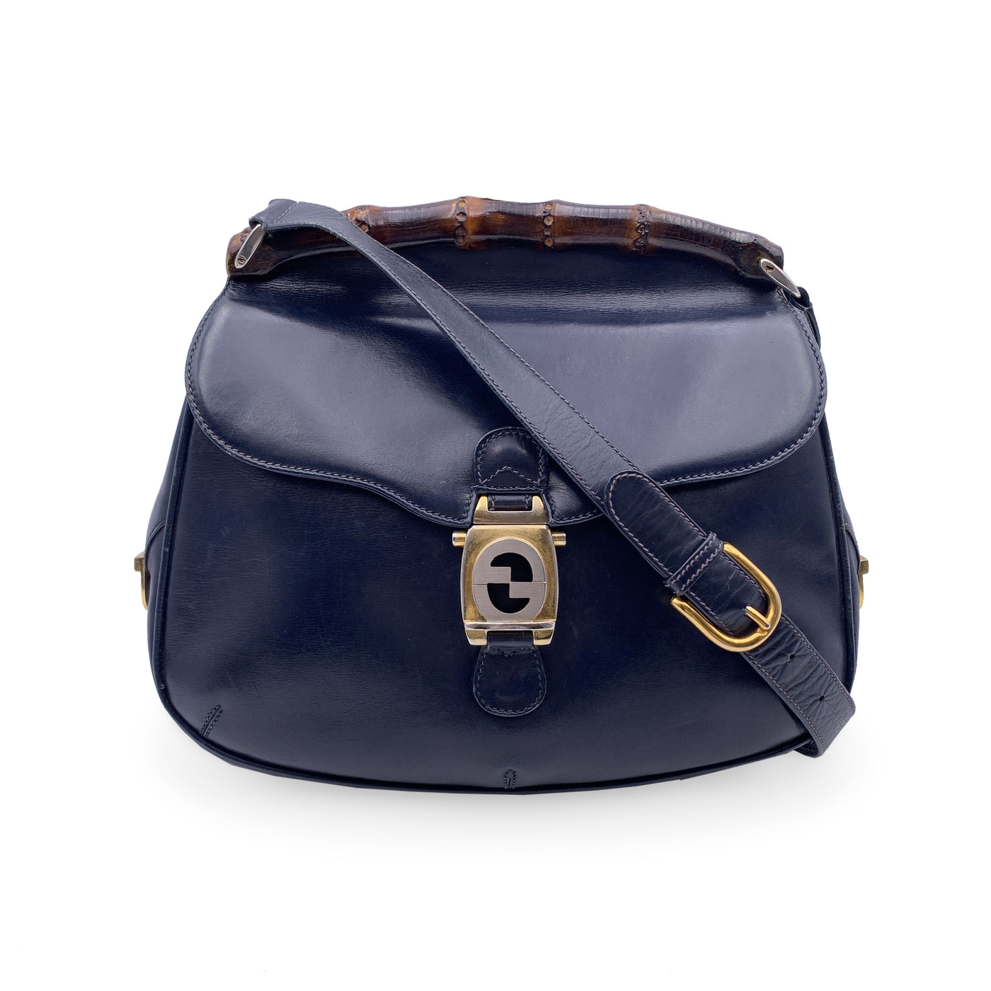 Gucci Vintage Navy Blue Leather Bamboo Flap Shoulder Bag