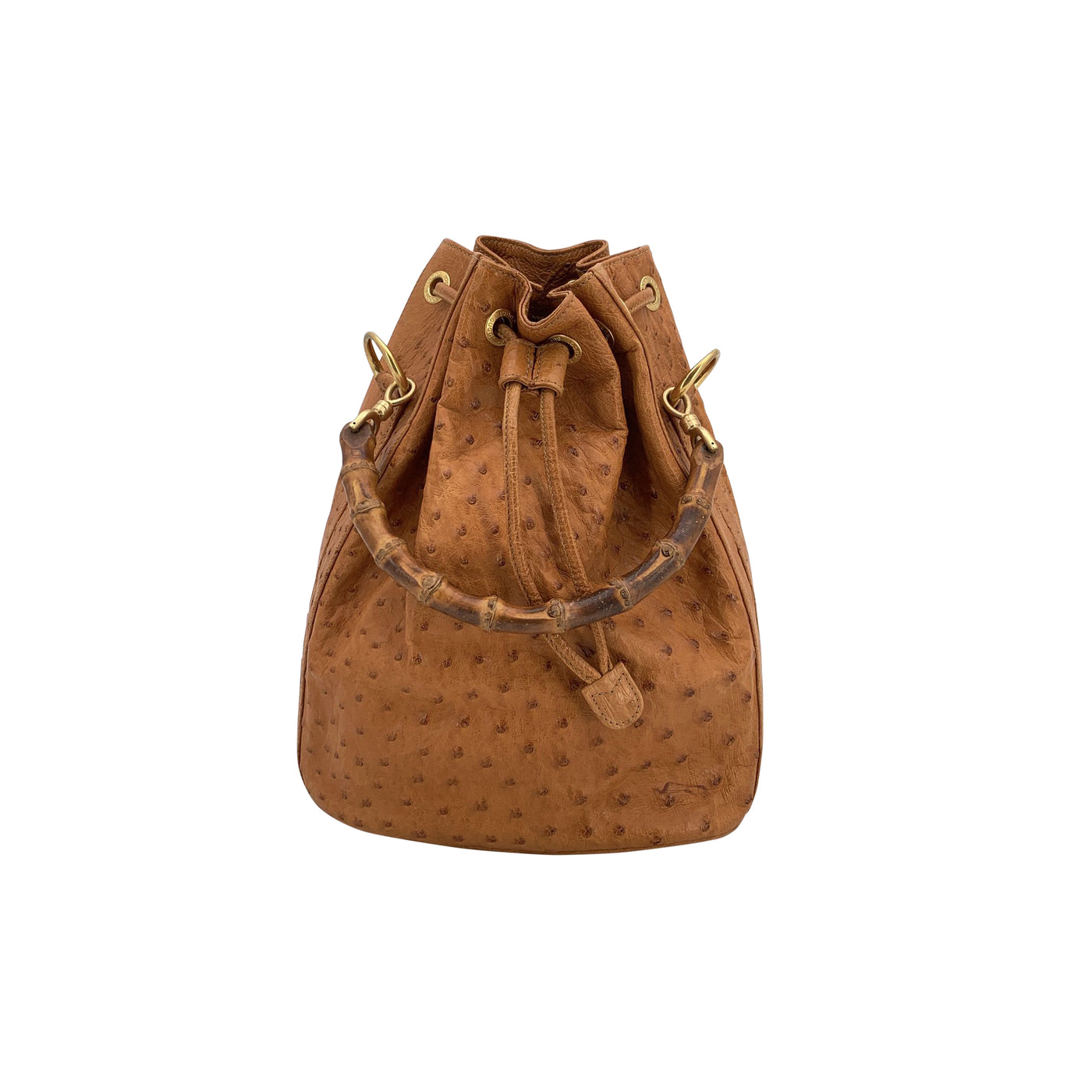 Gucci Vintage Tan Leather Bamboo Drawstring Bucket Handbag