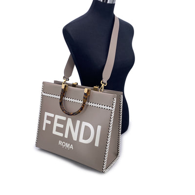 Fendi Taupe Leather Tote Bag Sunshine Medium Plexi Handle