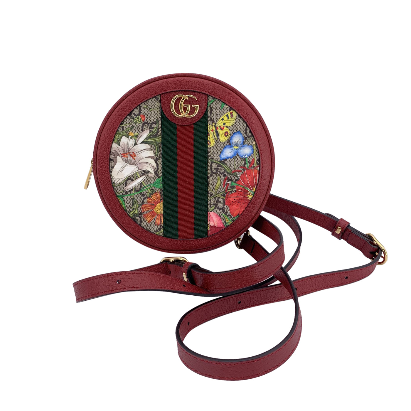 Gucci Monogram Canvas Flora Round Ophidia Mini Backpack Bag Red