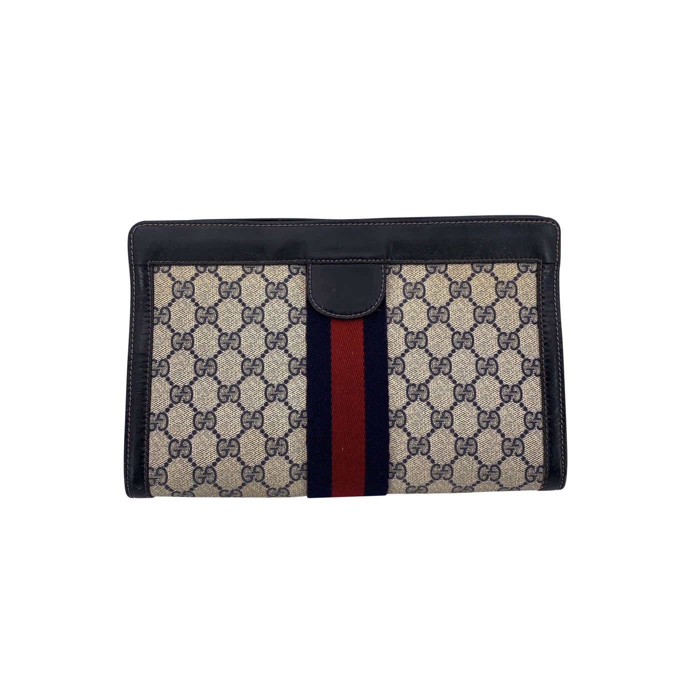 Gucci Vintage Blue Monogram Cosmetic Bag Large Clutch with Stripes