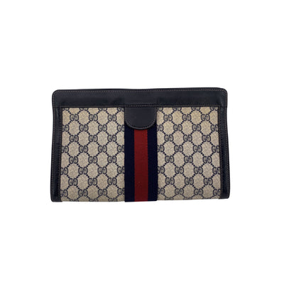 Gucci Vintage Blue Monogram Cosmetic Bag Large Clutch with Stripes