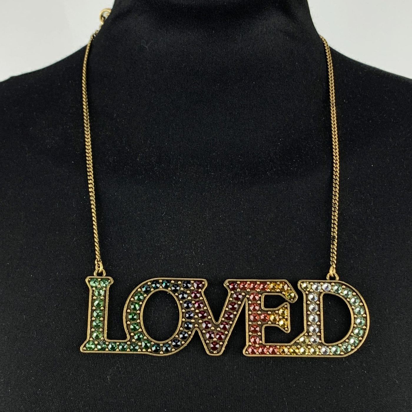 Gucci Gold Metal Necklace with Loved Pendant Multicolor Crystals