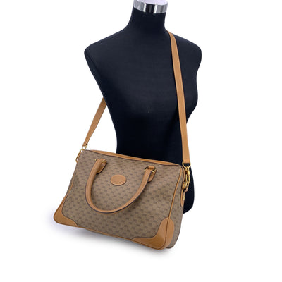 Gucci Vintage Beige Monogram Canvas Satchel Handbag with Strap