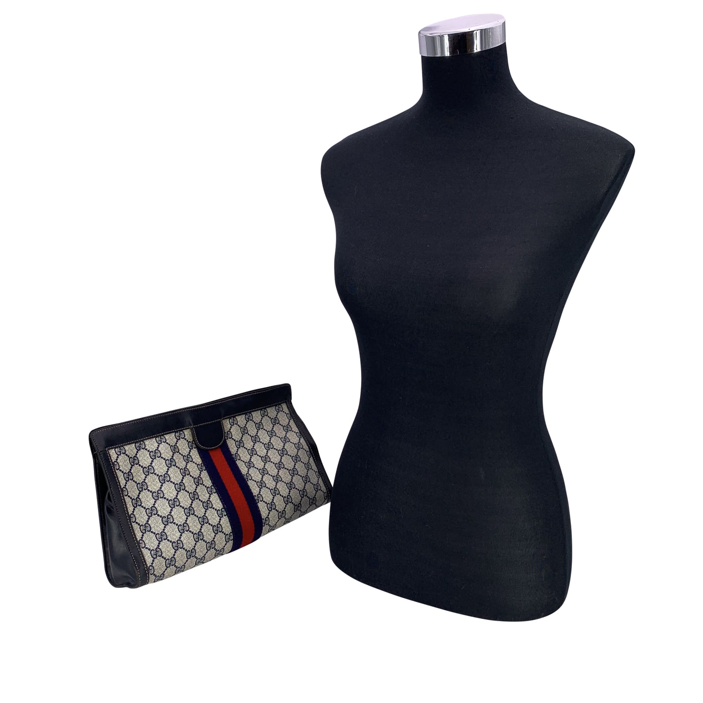 Gucci Vintage Blue Monogram Cosmetic Bag Large Clutch with Stripes