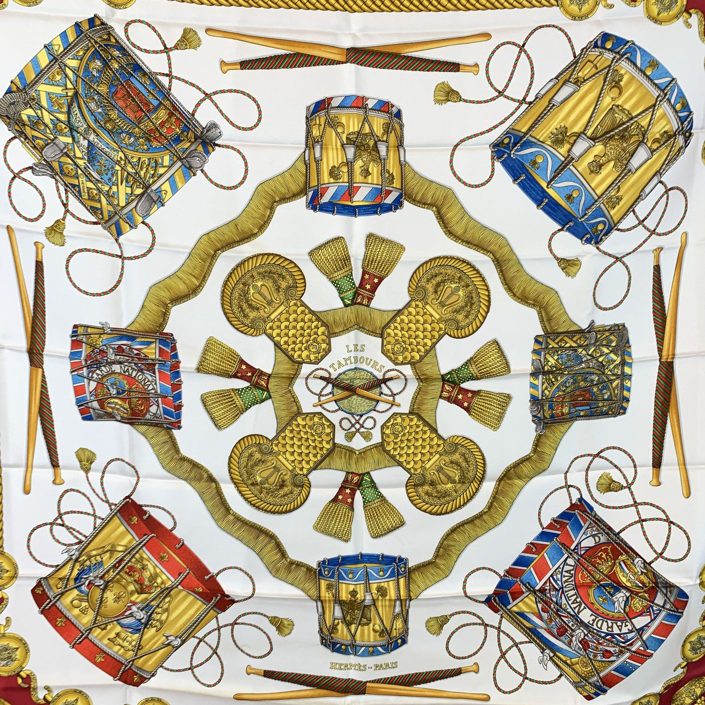 Hermes Vintage Silk Scarf Les Tambours 1989 Joachim Metz Red