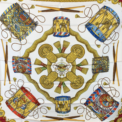 Hermes Vintage Silk Scarf Les Tambours 1989 Joachim Metz Red