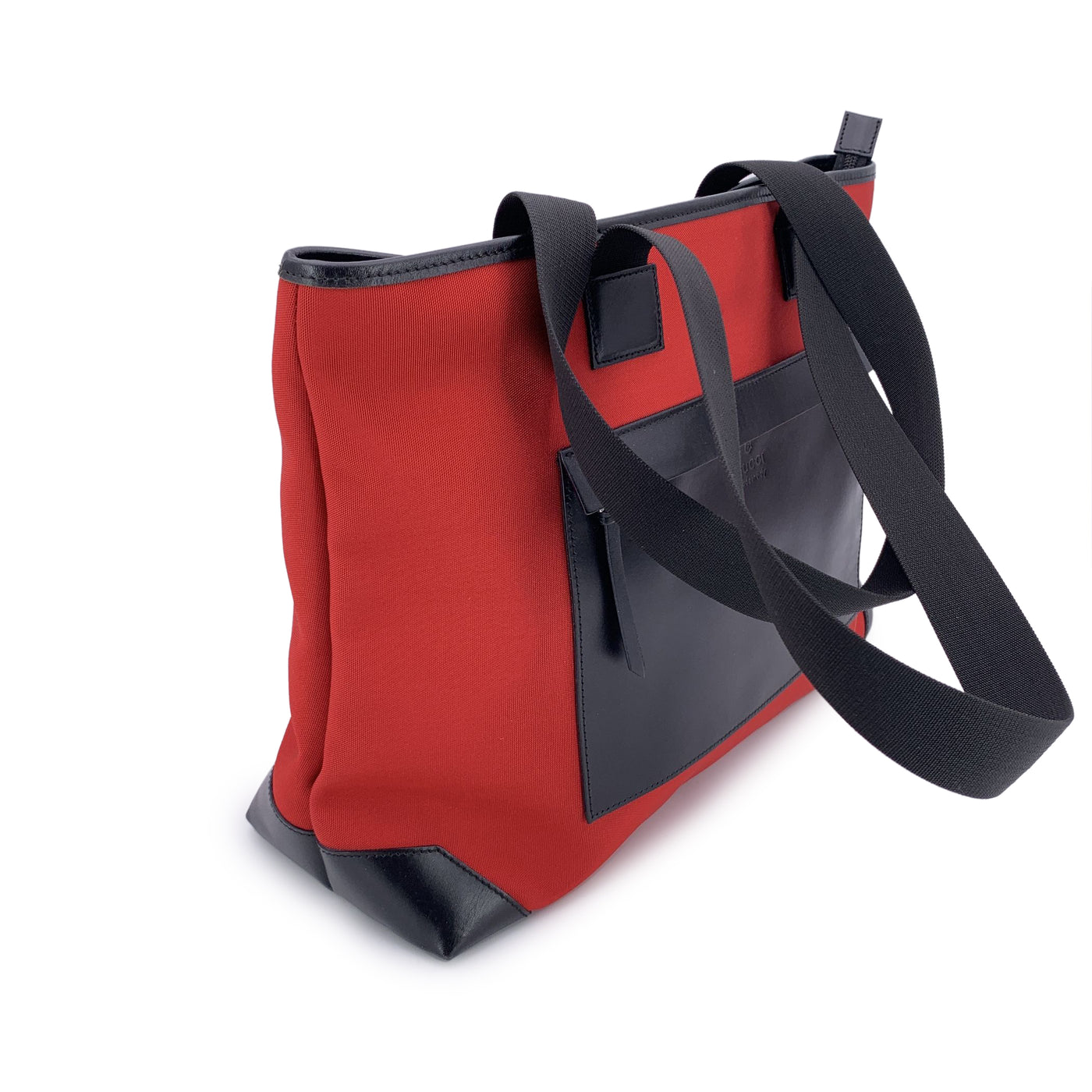 Gucci Red Canvas Nylon Black Leather Tote Shoulder Bag