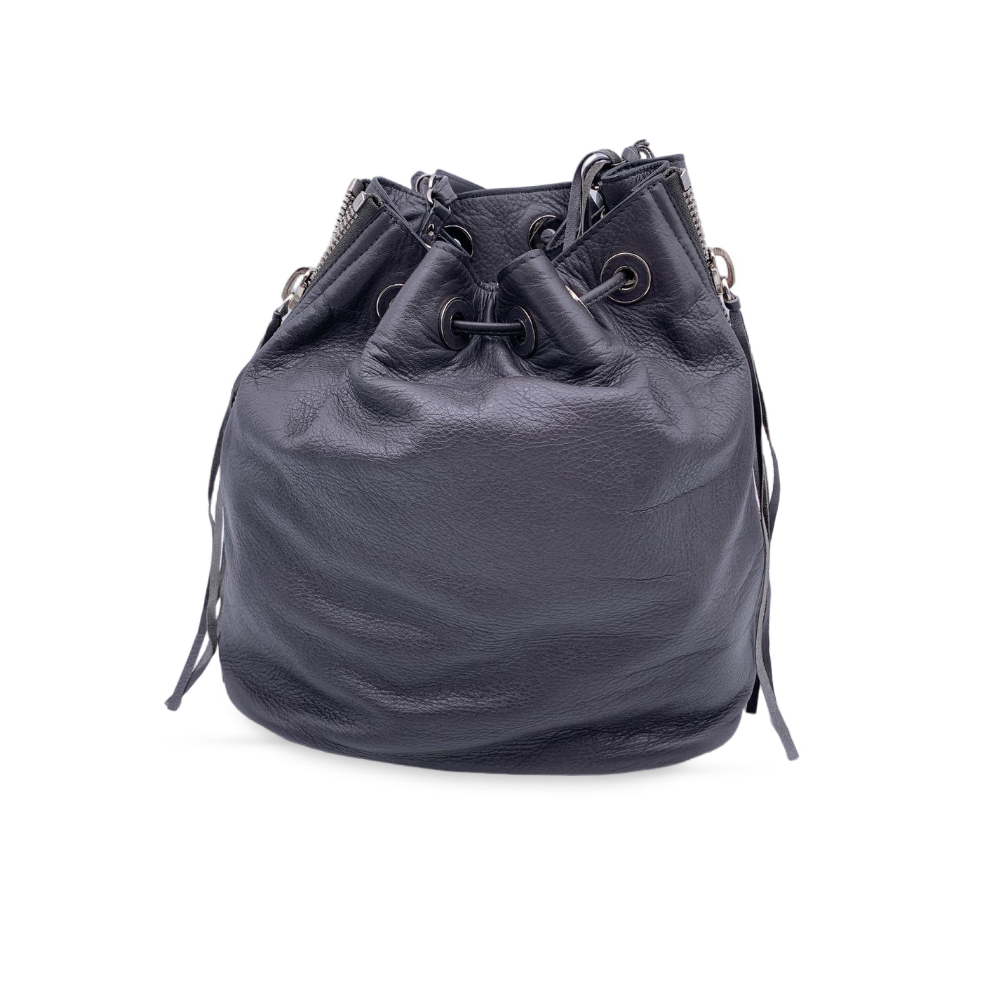 Balenciaga Grey Leather Papier Plate Bucket Drawstring Bag