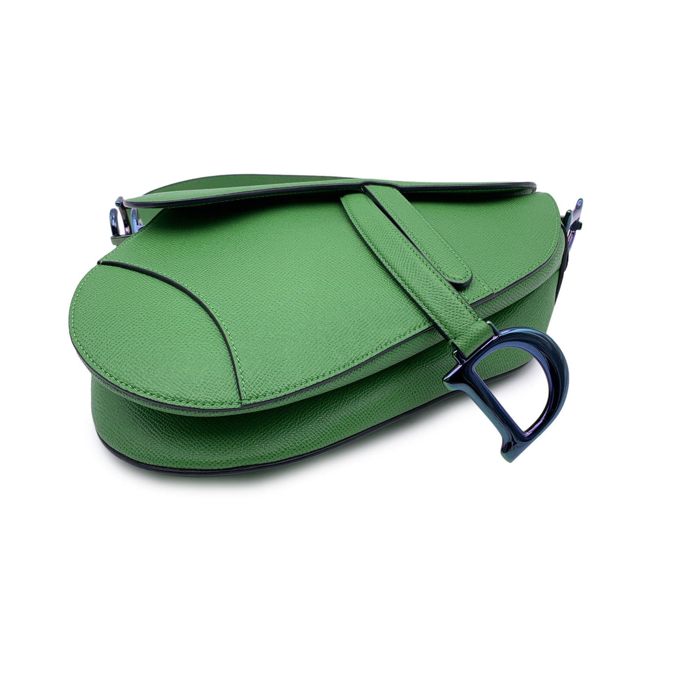 Christian Dior Green Leather Saddle Shoulder Bag Iridescent Hardware