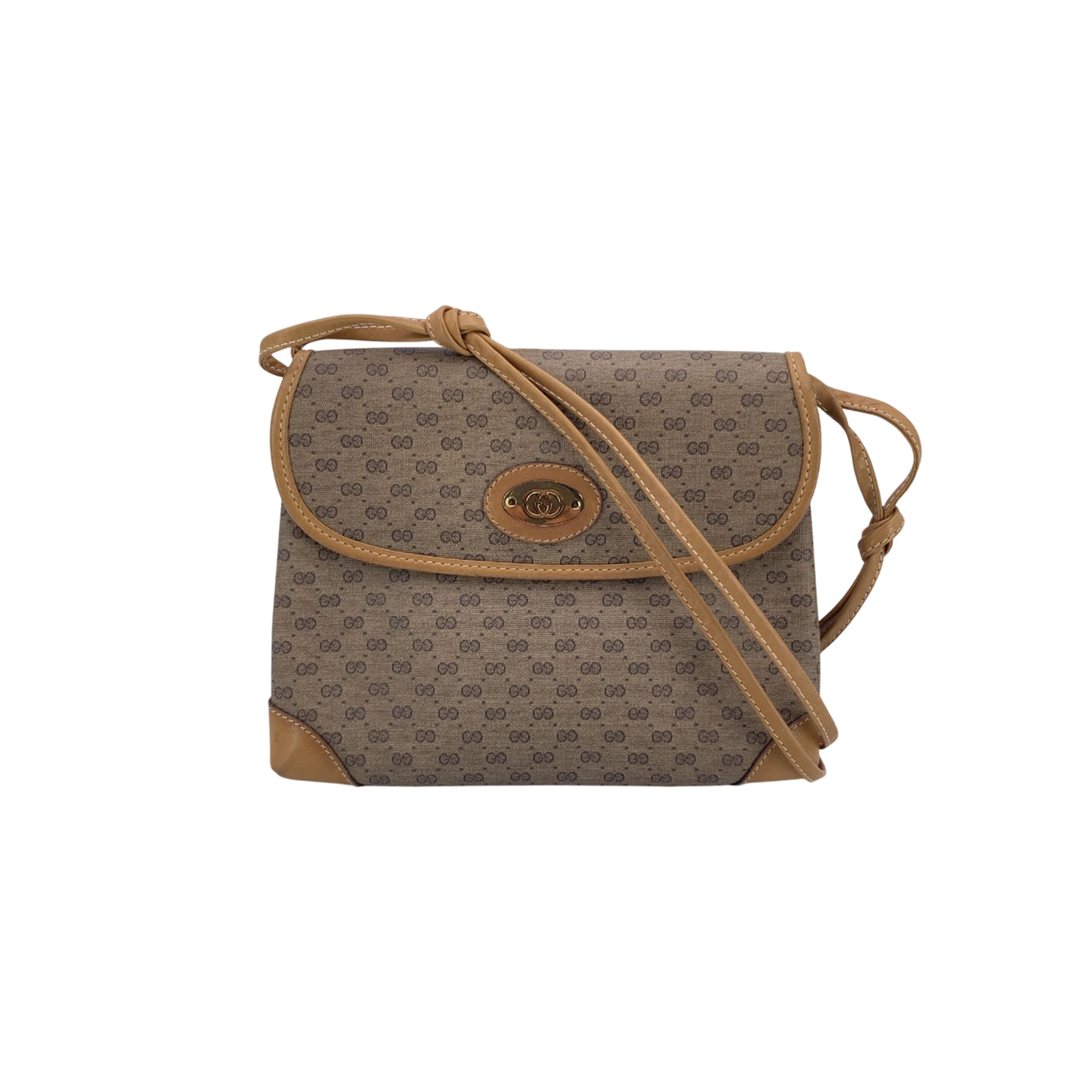 Gucci Vintage Beige Monogram Canvas Leather Small Flap Shoulder Bag