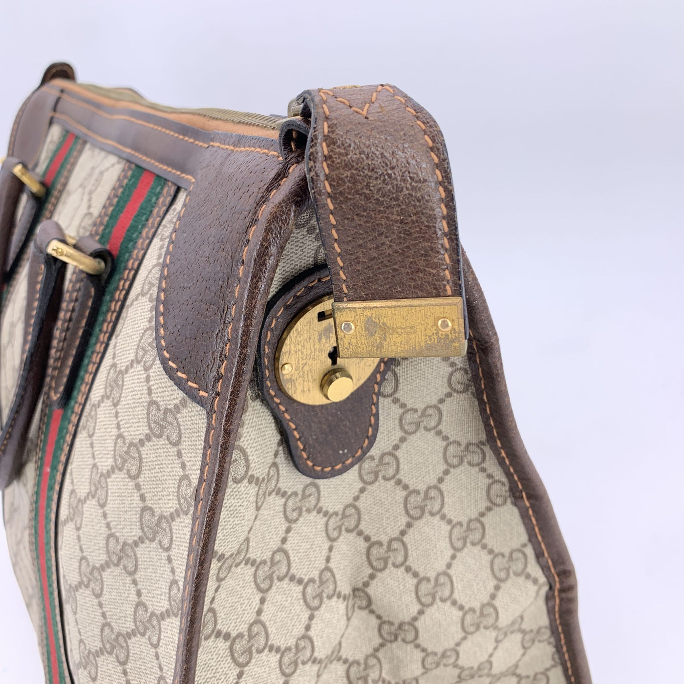 Gucci Vintage Brown Monogram Canvas Satchel Bag with Stripes