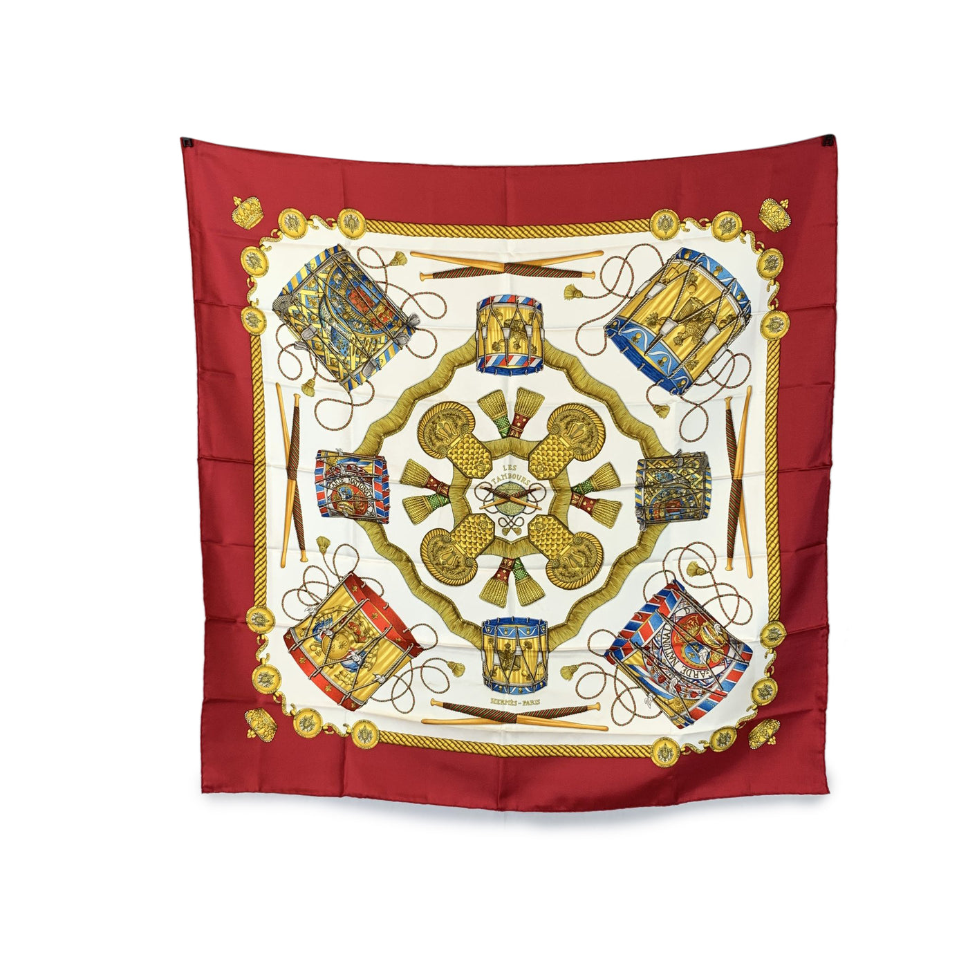 Hermes Vintage Silk Scarf Les Tambours 1989 Joachim Metz Red