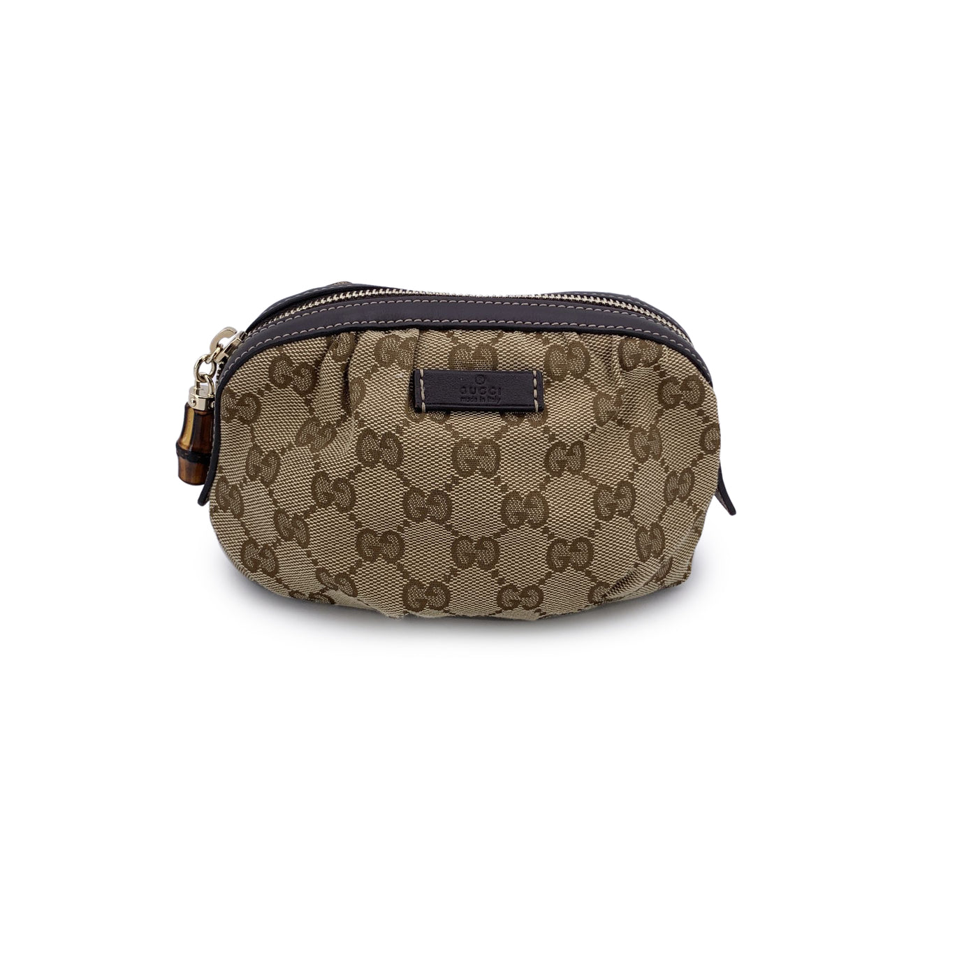 Gucci Beige Monogram Canvas Bamboo Small Cosmetic Zip Pouch