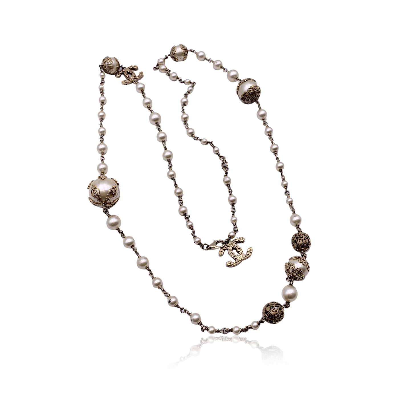 Chanel 06 Gold Metal Faux Pearls CC Logo Long Necklace