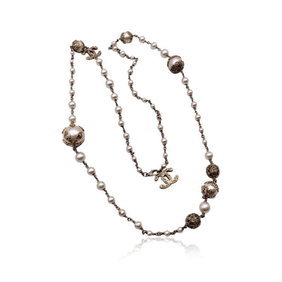 Chanel 06 Gold Metal Faux Pearls CC Logo Long Necklace
