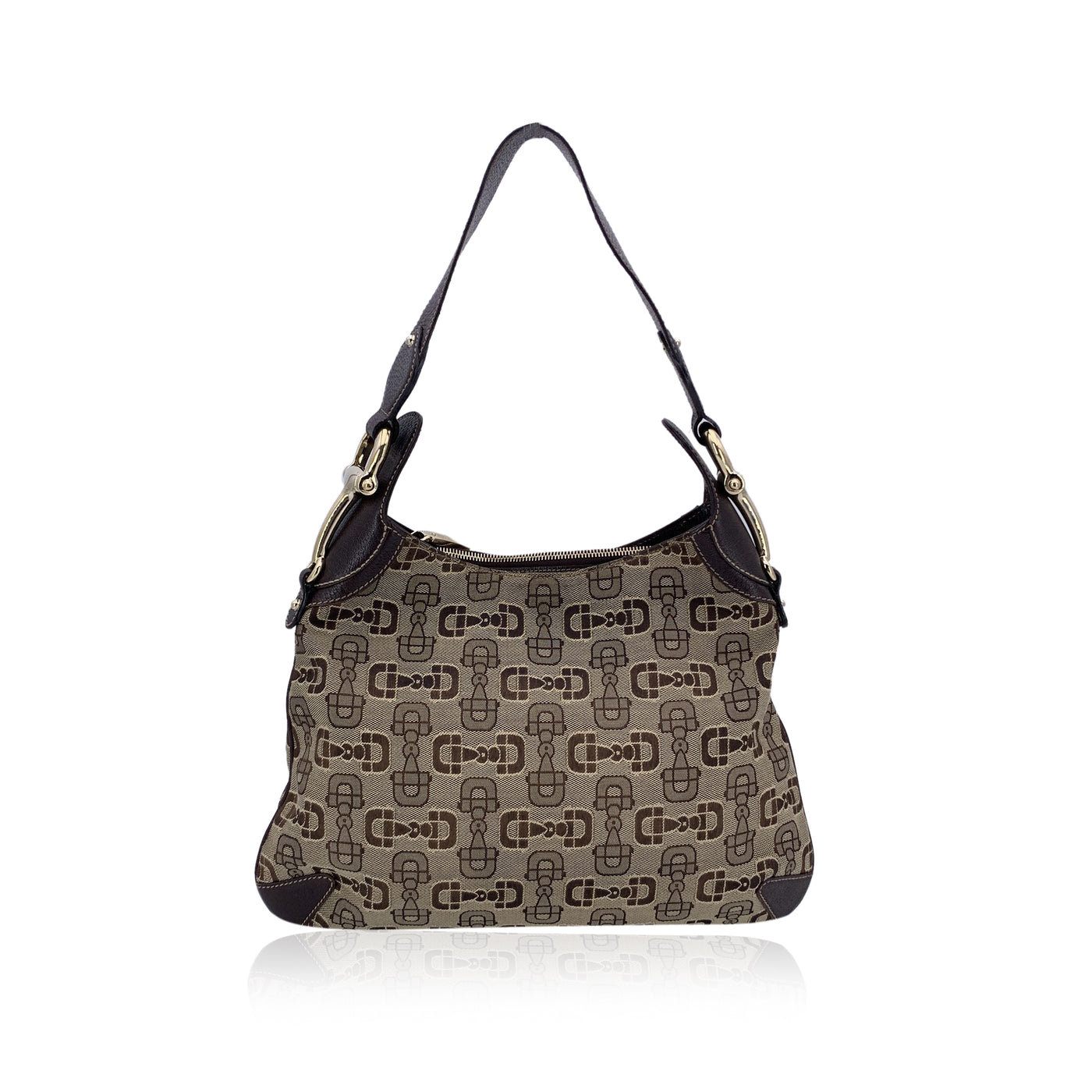 Gucci Beige and Brown Canvas Horsebit Print Hobo Shoulder Bag