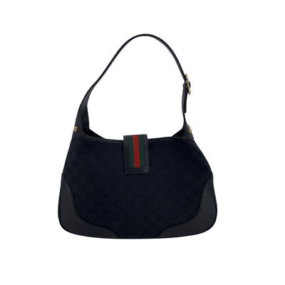 Gucci Black Monogram Canvas Leather Web Hobo Shoulder Bag