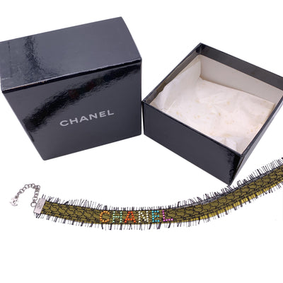 Chanel Multicolor Rhinestones Yellow Suede Black Lace Choker Necklace