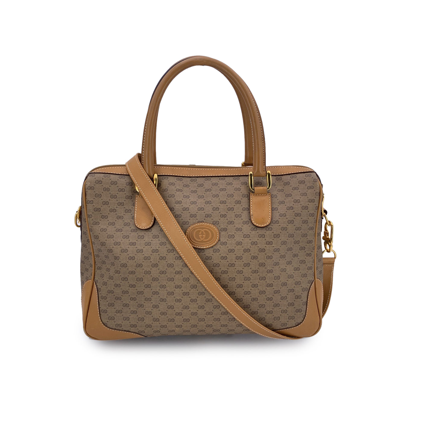 Gucci Vintage Beige Monogram Canvas Satchel Handbag with Strap