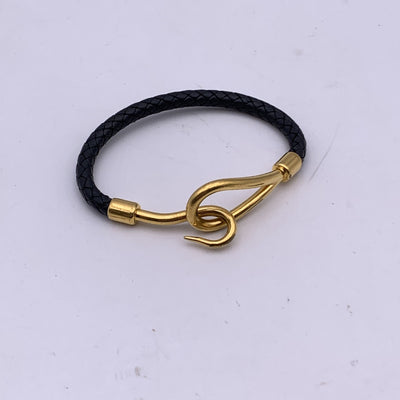 Hermes Black Woven Leather Gold Metal Jumbo Hook Bracelet