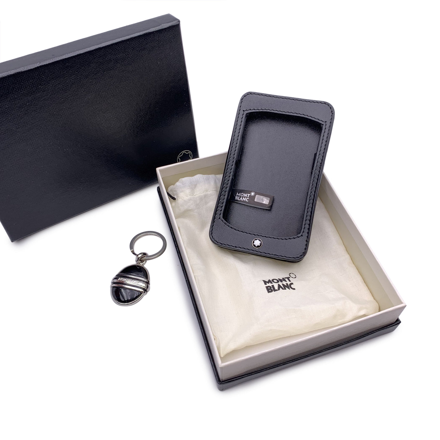 Montblanc Accessory Set of Stainless Steel Keyring Black Leather Case