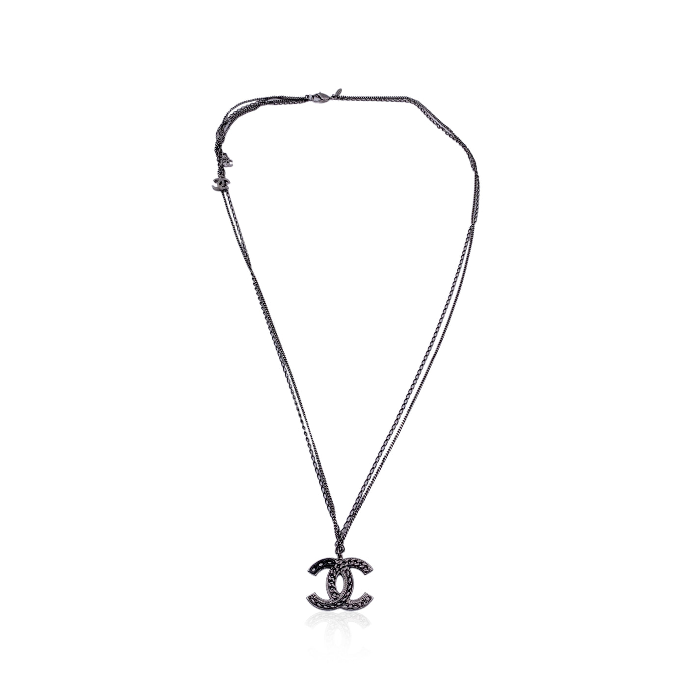 Chanel Gunmetal Double Chain CC Logo Pendant Necklace