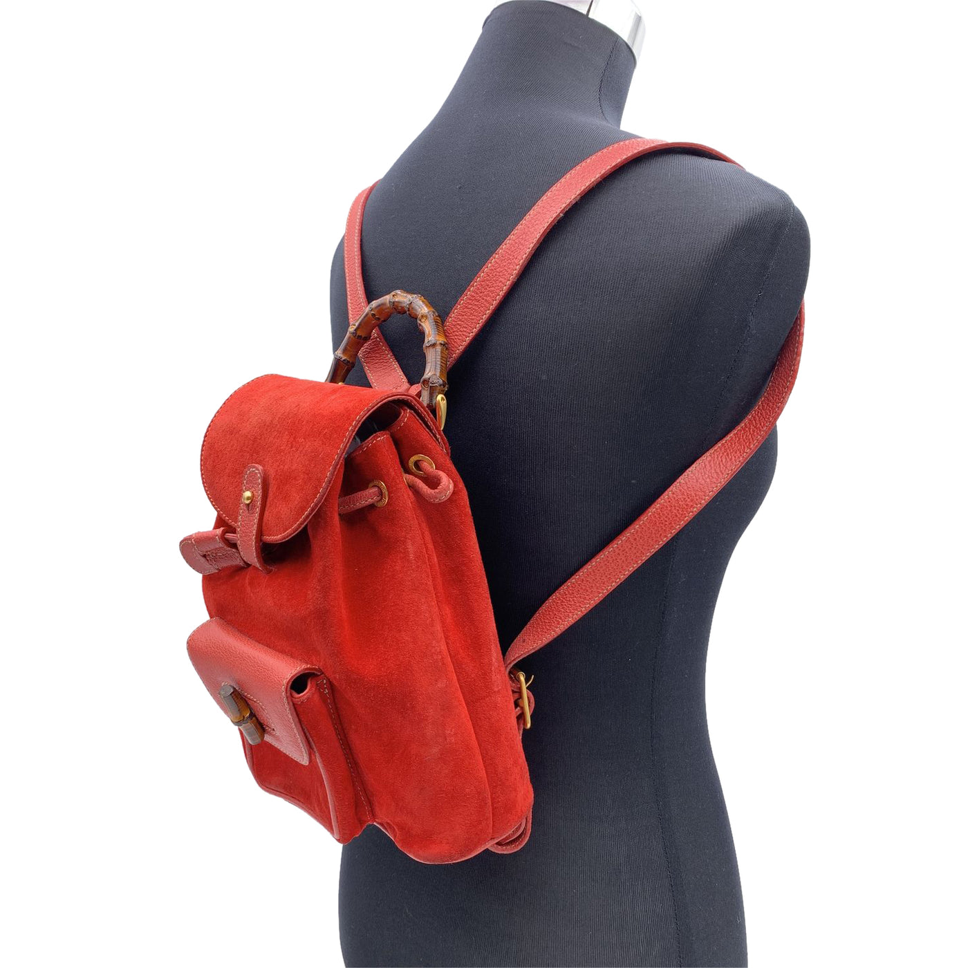 Gucci Vintage Red Suede Bamboo Small Backpack Shoulder Bag