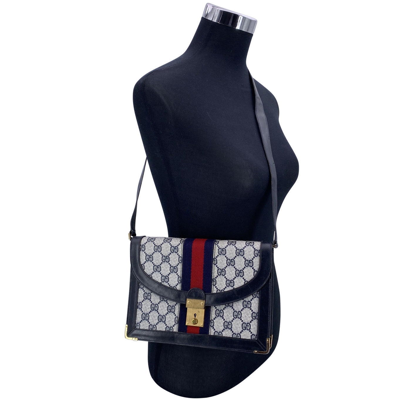 Gucci Vintage Blue Monogram Gussetted Flap Shoulder Bag with Stripes