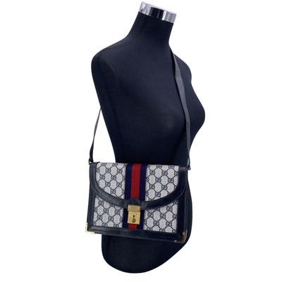 Gucci Vintage Blue Monogram Gussetted Flap Shoulder Bag with Stripes