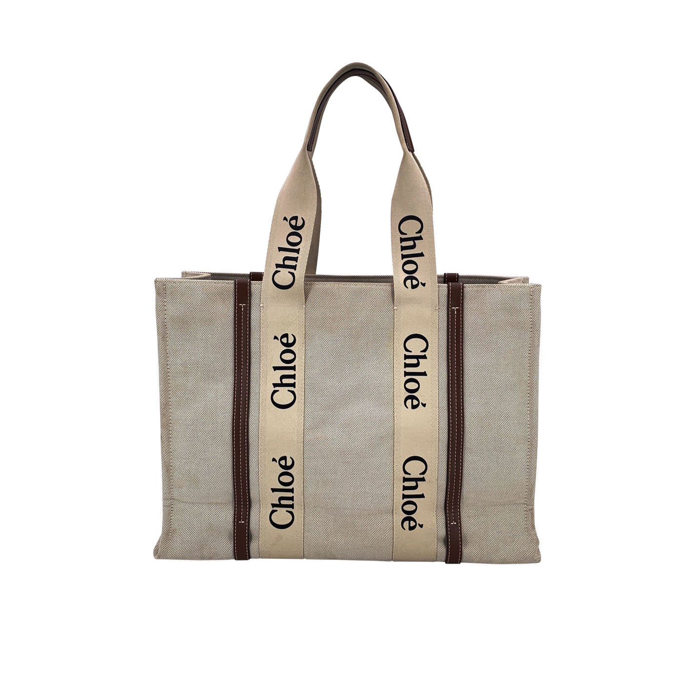 Chloe Beige Linen Canvas and Leather Large Woody Tote Bag