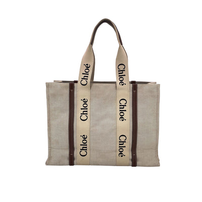 Chloe Beige Linen Canvas and Leather Large Woody Tote Bag