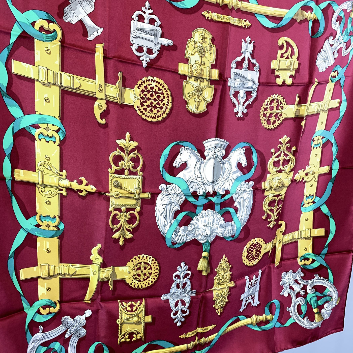 Hermes Paris Vintage Burgundy Silk Scarf Ferronnerie 1970 Cathy Latham