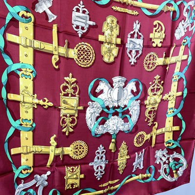 Hermes Paris Vintage Burgundy Silk Scarf Ferronnerie 1970 Cathy Latham