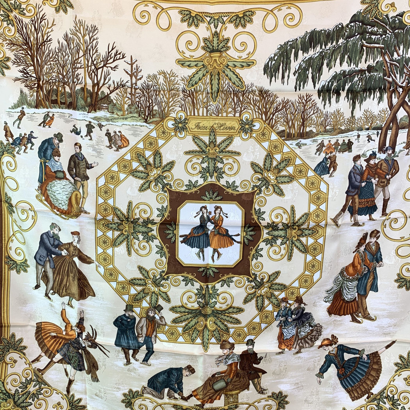 Hermes Vintage Brown Silk Scarf Joies d’Hiver 1992 Joachim Metz