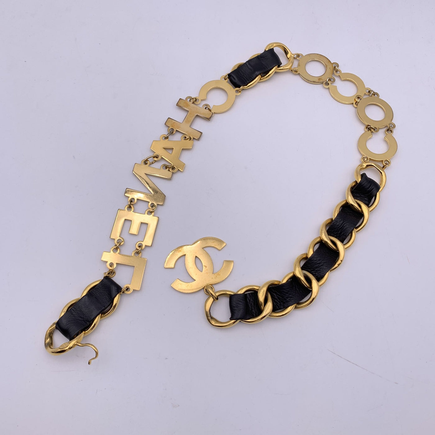 Chanel Rare Vintage Gold Metal Spell Out Coco Chanel Chain Belt