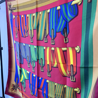 Hermes Vintage Silk Scarf Les Sangles Belts 1985 Metz Magenta