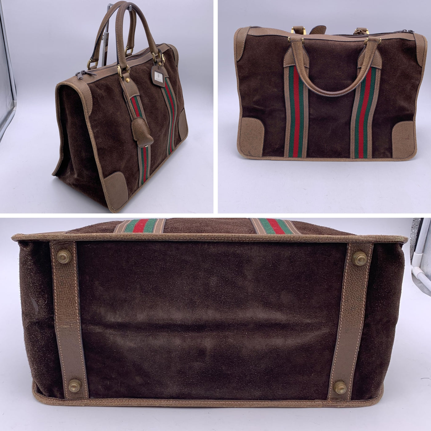 Gucci Vintage Brown Suede Leather Satchel Overnight Bag with Stripes